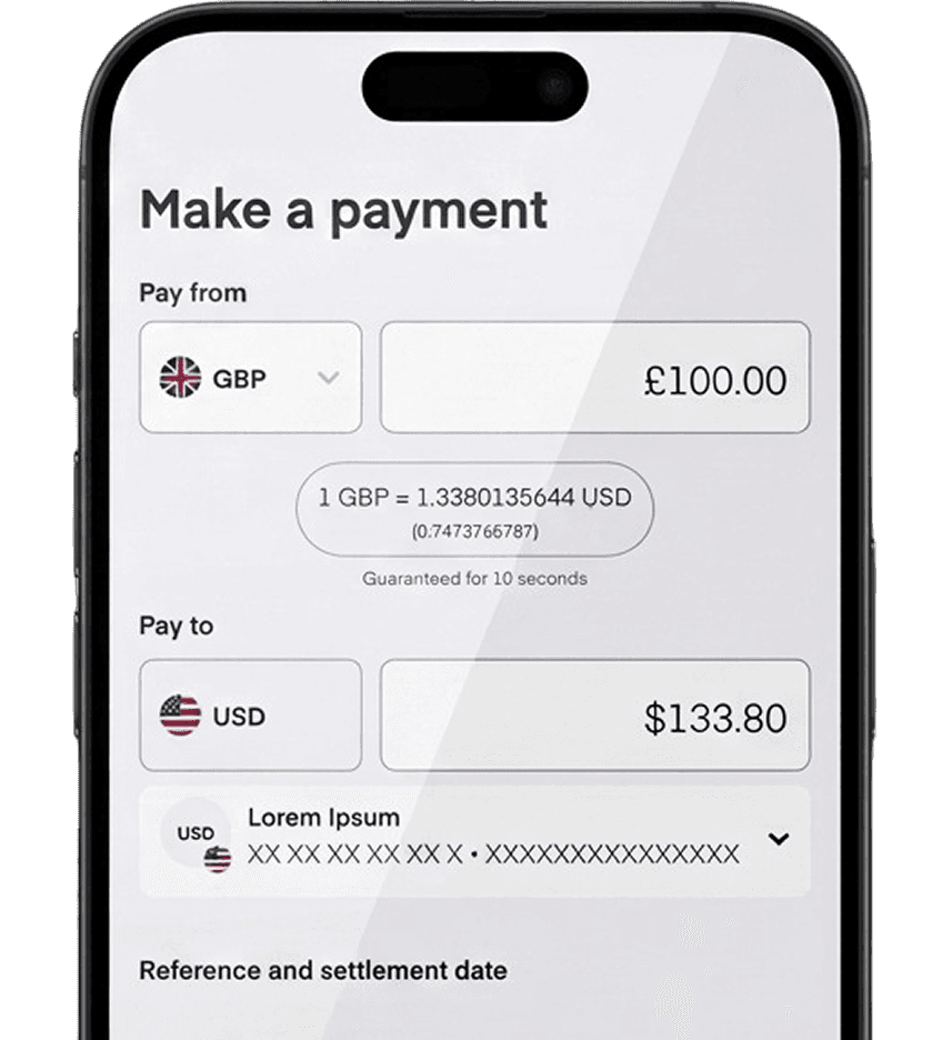 Smartphone displaying NOWE Money international transfer screen